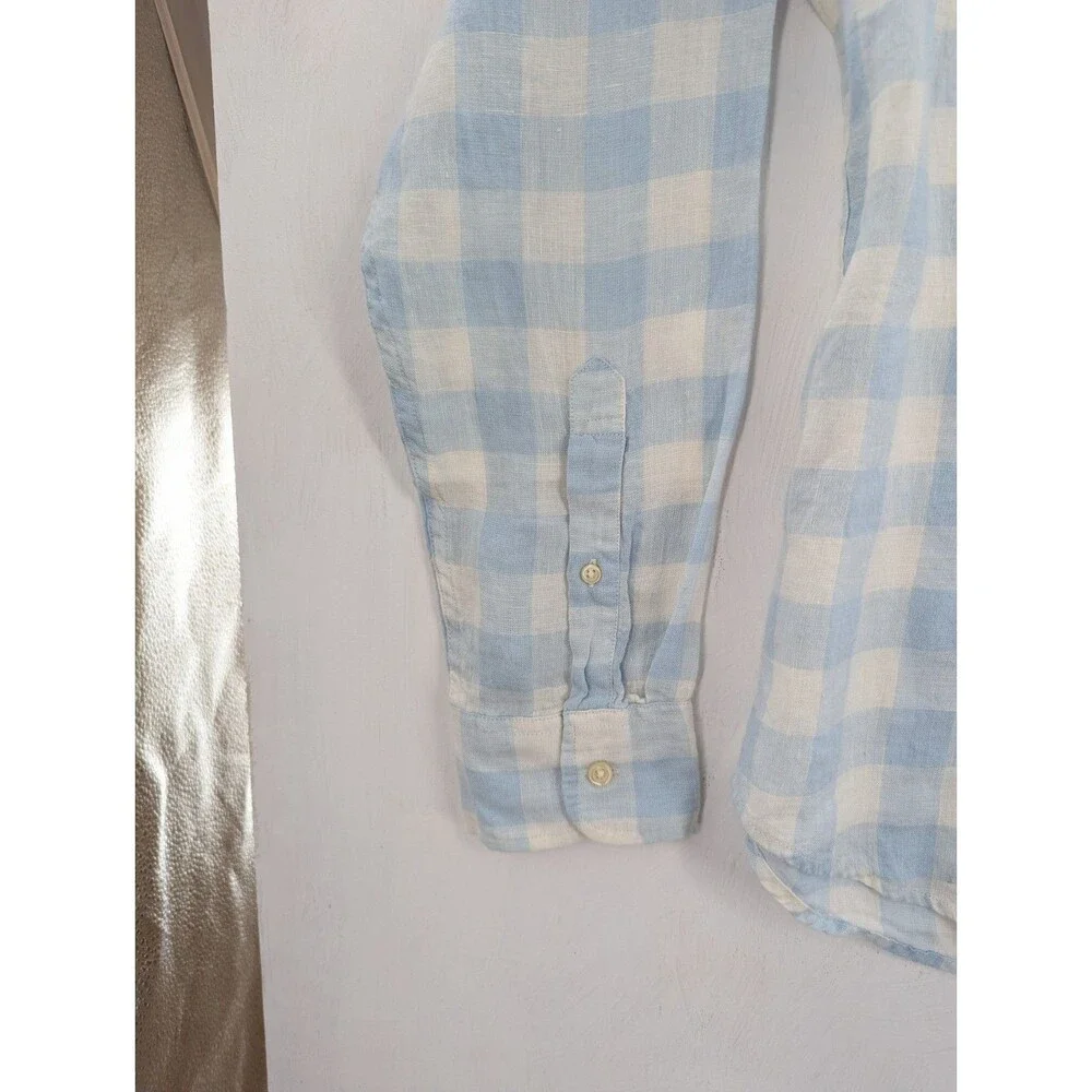 J.Crew Shirt Sz L Men's Blue White Slim Linen Plaid Button Up Long Sleeve